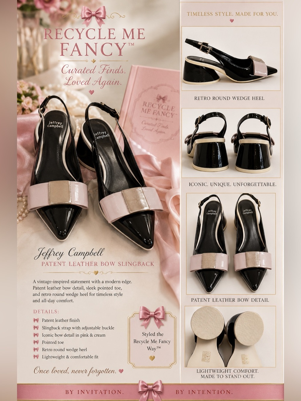 Jeffrey Campbell Black Patent I Slingback Heels with White and Silver Bow Accent